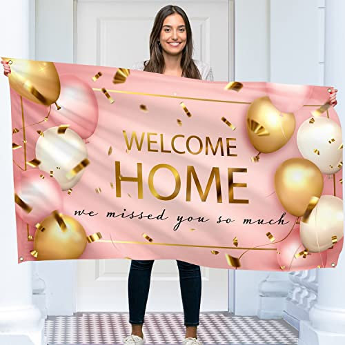 Welcome Home Banner - Welcome Back banner - Welcome Home decorations - 5ft x 3ft with picture of Welcome Home Balloon - Vivid Digital Print - 110Den Thick polyester - Double Seam (Pink Rose Gold)
