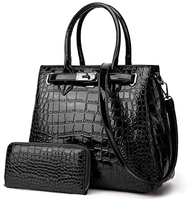 NICOLE & DORIS Handtasche Set Damen Shopper Tote Krokodilmuster Tasche Lackleder Schultertasche Frauen Umhängetasche Henkeltasche Tragetaschen 2-Teiliges Set mit Geldbörse Schwarz