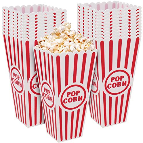 MUKLEI Paquete de 20 recipientes de plástico para palomitas de maíz, cajas de palomitas de maíz retro, cajas de palomitas de maíz a rayas rojas y blancas, contenedor clásico para fiestas de
