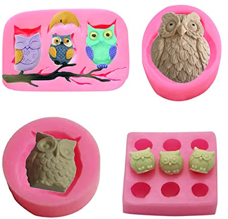 ZOOMPIL 3D Eulen Form Silikon, Animal Fondant Silicone,für Kuchen Backformen Deko Kerze und andere DIY, Pink,4 Stück