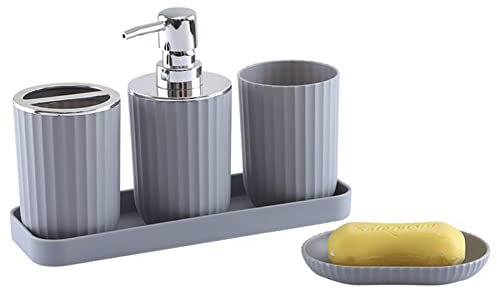 Hosoncovy 5 Pieces Bathroom Accessory Set with Soap Dispenser, Bathroom Cup, Soap Dish ,Toothbrush and Toothpaste Holder,Storage Tray (Grey)