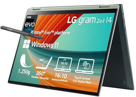 2023 LG Gram 14 Zoll Ultralight 2-in-1 Convertible Notebook & Tablet - 1.250g Intel Core i7 (16GB RAM, 1TB SSD, 16:10 IPS LCD Display mit Pen Touch, Thunderbolt 4, Win 11 Home, Mirametrix) - Grün