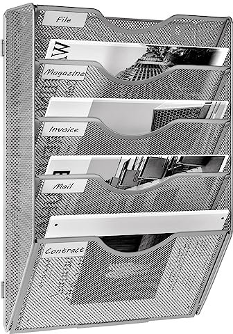 EasyPAG 5 Compartiments Assembler Métal Porte Revue Mural Porte Document Suspendu A4 Organisateur de Bureau à Suspendre Banette de Rangement Range Papier Corbeille a Courrier Murale,Argent
