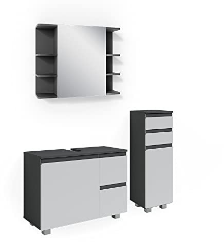 Vicco Badmöbel-Set J-Shape, Badezimmerschrank-Set, Weiß/Anthrazit, 3 Teile, mit Midischrank