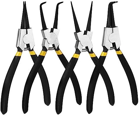 Pinze per Anelli di Sicurezza Pinze per Anelli Elastici da 7 Pollici Punte Dritte e Curve per Bloccaggio Interno ed Esterno 4 Pezzi