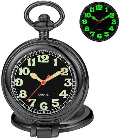 Tiong Black Transparent Cover Men's Quartz Pocket Watch Luminous Dial Stainless Steel Pocket Watches Gift with Chain & Gifts Box