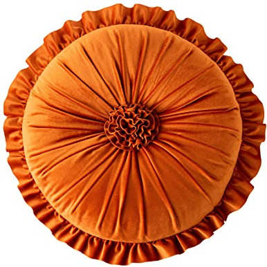 Rundes Kissen, Samt, gerüscht, Blumenkissen, Bodenkissen, Heimdekoration, Kissen für Sofa, Stuhl, Bett, Wohnzimmer, 35 x 35 cm, Orange