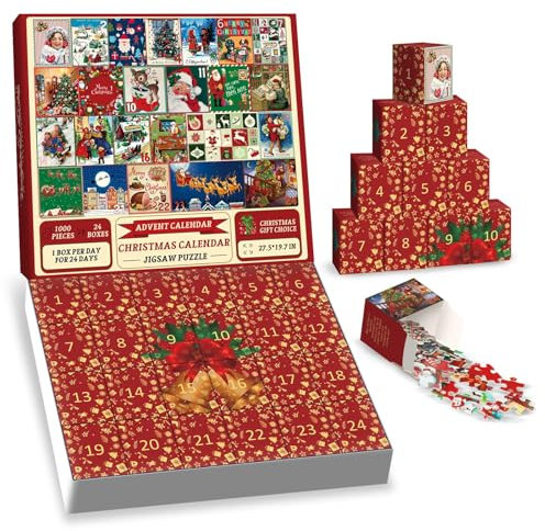 Adventskalender 2024 Puzzle Erwachsene, Puzzle Adventskalender 1000 Teile, 24 Boxen Puzzles für Countdown bis Weihnachten, Weihnachten Geschenke für Erwachsene und Kinder (A)