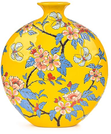 Sungmor High-Class Enamel Painted Porcelain Vase, Traditional Hand-Carved Overglaze Color Ceramic Vase for Fresh Flowers Dried Plants Arrangement, Decorative Vase for Centerpieces, Shelf, Living Room
