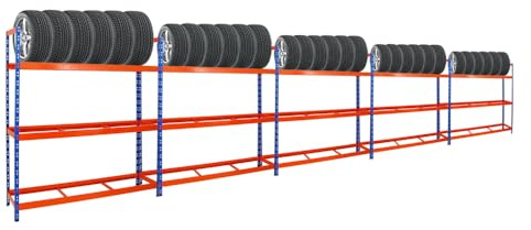 PROREGAL Mega Deal | 5X Reifenregal Tiger XL | HxBxT 200x180x45 cm | 300kg Fachlast | bis zu 105 Reifen | Blau-Orange