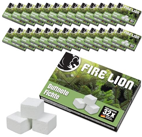 FIRE LION 768 - Accendifuoco per camino, con profumo di abete rosso, 24 piastre di accensione tagliate in 32 cubetti, cubetti di accensione, accendifuoco bianco (abete rosso)