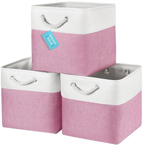 OrganiHaus 30x30 Cube Storage Bins Set of 3, Fabric Cube Baskets for Storage Shelves, Foldable Storage Cubes for Kallax Organizer Cube Bins w Rope Handles, Cubby Bins for Nursery Decor -Pink/White