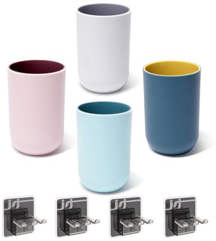 4PCS Waschen Zahnputzbecher mit Zahnbürstenhalter Ohne Bohren, TIE-DailyNec Mundwasser Tasse, Tragbarer Plastikbecher für das Badezimmer Tragbarer Reise Mundbecher
