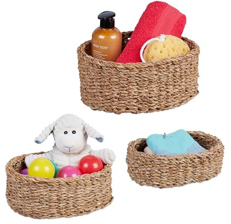 Relaxdays Aufbewahrungskorb 3er Set aus Seegras, Flechtkorb oval, Bad Organizer, 3 versch. Größen, Regalkorb, Natur