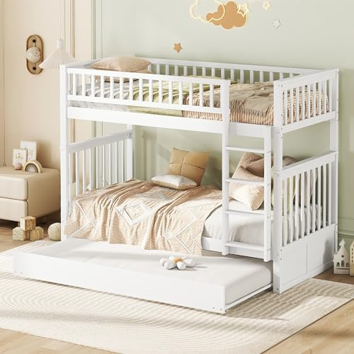 Merax Dreier Etagenbetten mit Ausziehbett Kinderbetten Dreierbetten: Platzsparende Lösung für Kinderzimmer, stabile Treppe, Weiß (ohne Matratzen)