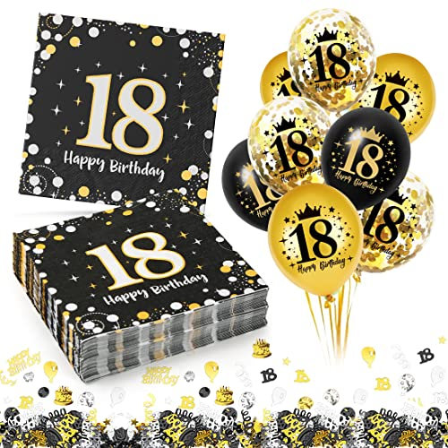 18. Geburtstag Deko Servietten 60 Stück+18 Stück Schwarz Gold Luftballons+ Konfetti Set, 18 Geburtstag Mädchen Junge Jubiläum Servietten, 3-Lagig Servietten 33x33cm,Geburtstagsservietten