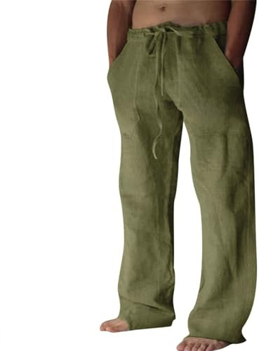 Puimentiua Leinenhose Herren,Lang Leichte Sommerhose,Sommer Leinen Hosen,Loose Fit Baumwollehosen mit Tunnelzug und Taschen (Armeegrün,XL)