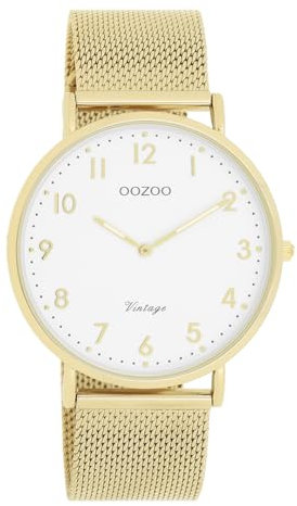 Oozoo Vintage Damen Uhr Gold/Weiß | Armbanduhr Damen mit Mesharmband | Moderne Uhr für Frauen | Edle Analog Damenuhr in rund C20342 (40mm Gehäuse)