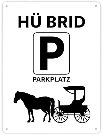 Pferd mit Kutsche Metallschild XL in 21x28 cm mit Spruch Hü brid Hybrid Fahrzeug Deko für Garage Parkplatz oder Männerhöhle - Ideal für Auto-Fans und Parken-Konzept
