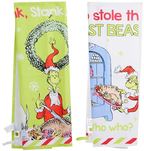 The Grinch Kitchen Towel Pack of 2, Christmas Dish Cloth Funny Tea Towel Washing Up Cotton Hand Cloth Kitchen Accessories
