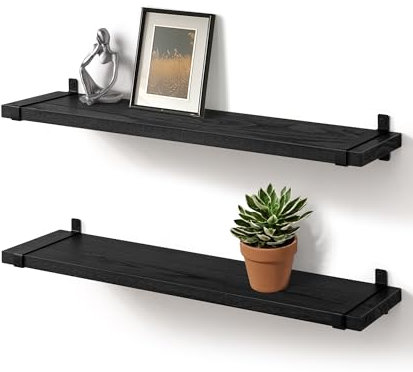 Gronda Wandregal Schwarz 2er Set Schweberegal Holz Schwarz Metall Halterung Wandregal KüChe Badezimmer Wohnzimmer Schlafzimmer für Aufbewahrung Organisation 60cm