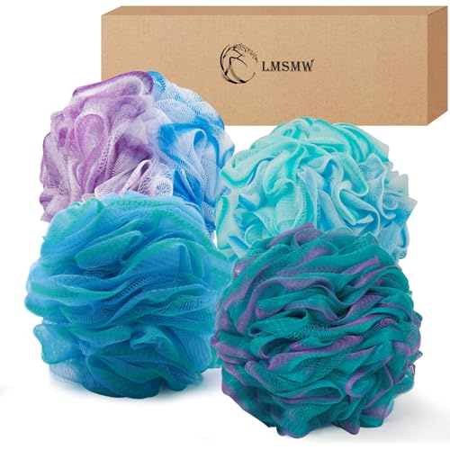 Lot de 4 éponges de bain et éponges de bain pour hommes et femmes – Fleur de douche en maille, éponge exfoliante et de lavage, produit une mousse abondante, nettoyage doux