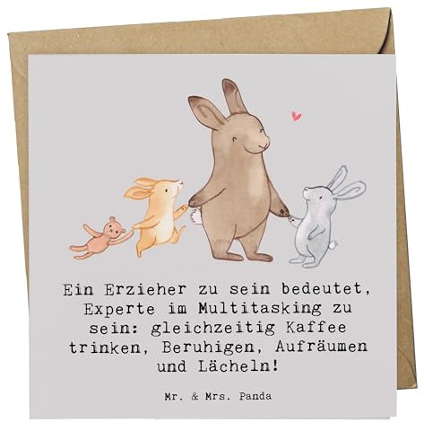 Mr. & Mrs. Panda Glückwunschkarte Multitasking Erzieher - Geschenk, faltkarte, anlasskarte, Klappkarte, Berufe, doppelkarte, Kinderbetreuung, Grußkarte, Spielen, beruhigen, Lernen, Dankeschön, lächeln