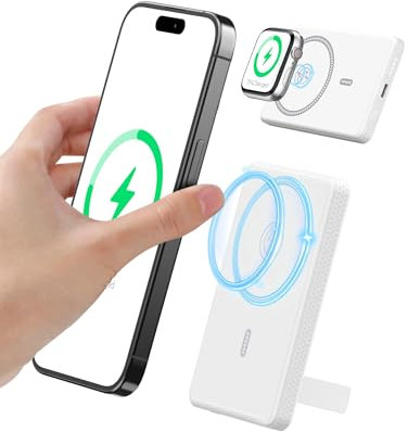 Auskang Batteria Esternna Magnetica 5000mAh, Caricabatterie Portatile con Ricarica Rapida Wireless, Power Bank Slim con Supporto Pieghevole, Mini Batteria Compatibile con iPhone 14/15/16 (Bianco)