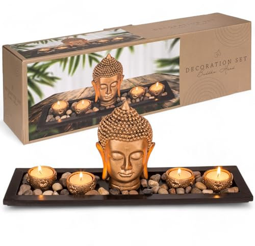 MIJOMA goldfarbener Buddha-Kopf Set mit Teelichthaltern, schwarzem Holztablett und Dekosteinen – Elegante Deko für ruhige und spirituelle Momente – 41 x 17 x 12 cm