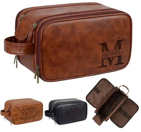Trousse de toilette personnalisée en cuir pour homme – Poignée renforcée double couche, grand kit de rasage résistant à l'eau, essentiel de voyage, cadeau de mariage pour garçons d'honneur, Brun