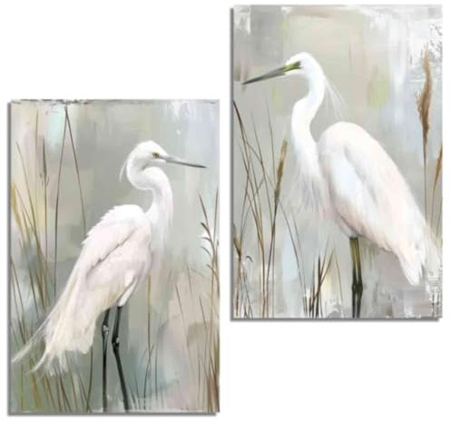 ZQQART Reiher Wanddrucke 2er Set Reiher im Sumpf mit Schilf Bild am Küstenrand Leinwanddrucke Wildvogel Gemälde Vintage Vogel Poster gerahmt (Weiß,30x40cmx2)