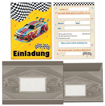 Limonia 12x Einladungskarten mit Umschläge zum Kindergeburtstag Auto Rennauto - Geburtstagseinladung Coole Autos & Rennwagen Motive, Einladung für Autofans - Fun Racer