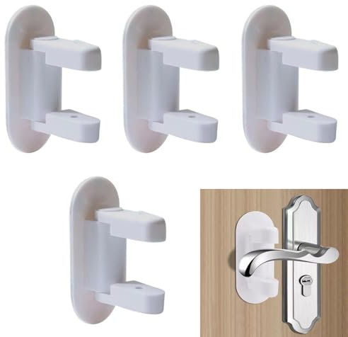 4 Pack Door Lever Safety Locks, Safety Door Handle Lock for Child, No Drill Self-Adhesive Door Handle Locks for Child-Proof & Pet-Proof for Bedroom Kitchen, White