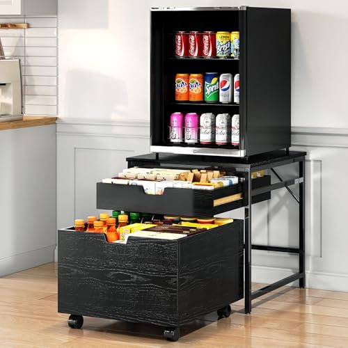 TC-HOMENY Mini Fridge Stand with Storage Drawer, 300 lb Load Capacity Mini Fridge Stand with Lockable Wheel, Beverage Compact Refrigerator Stand Storage Cabinet, Dorm Fridge Stand