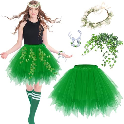Damen Waldfee Kostüm,Grün Damen Grüner Tüllrock,Blumen Stirnband Haarkranz,Efeu Künstlich Girlande,Fee Kostüm Damen Grün,Dehnbaren Tutu Rock,für Dance Dress Up Party,Ballett Tanzen,80er Jahre Outfit
