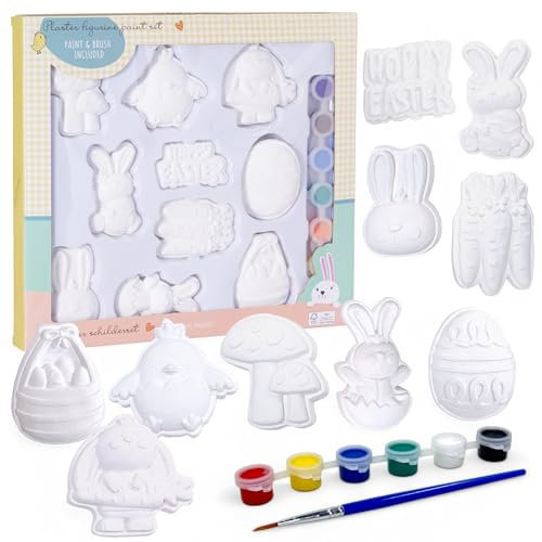 MIJOMA Juego de manualidades de Pascua: 10 figuras de Pascua de yeso para pintar, incluye 6 colores y pinceles, creativo juego de manualidades para niños y adultos (pollitos y conejos)