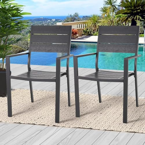 UNIONLINE 2er Set Gartenstühle für den Außenbereich, Outdoor-Essstühle, Aluminiumrahmen stapelbarer Terrassenstuhl mit Armlehne für Garten, Hinterhof, Terrasse, Schwarz (2er-Set)