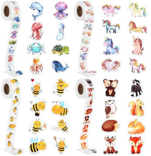 Vyuwast 4 Rolle Sticker Kinder Tier Aufkleber, 2000PCS Runde Sticken Kinder Belohnungsaufkleber, Animal Meerestier Einhorn Biene Aufkleber