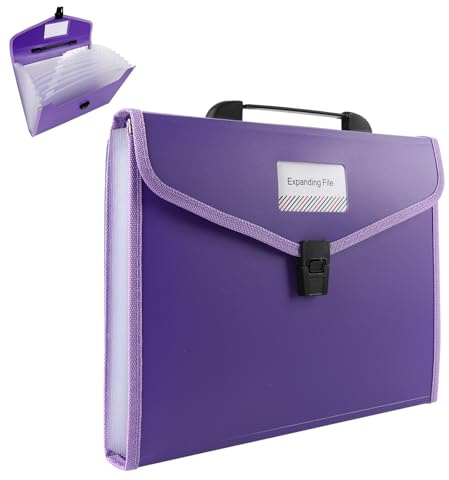 A4 File Organiser Box Files Folder with Handle,13 Pockets Portable Document Folders for Paperwork,Concertina File Expanding Filing Box Paper Organiser for Office School Home with Tabs (Purple)
