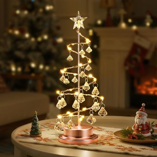 Luxspire Lampe Arbre de Noël en Cristal, Lampe Décorative Arbre de Noël en Spirale, 30 LEDs, Alimentée par Piles, Décoration de Table 28 cm, pour Cheminée à Manger Table de Nuit, Rose Doré