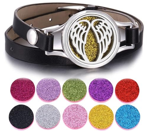 SIXDUTON Armbänder Armreif Damen, Lederarmband Aromatherapie Aroma mit Farbigen Filz-Pads Valentinstag, Muttertag, Geburtstag Geschenk für Frauen (Engelsflügel)