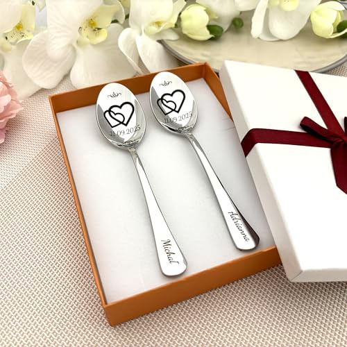 Personalisierte Hochzeitslöffel Set, Gravierte Edelstahl Besteck mit Herz und Datum Design, 2 Stück mit Geschenkbox, Silber