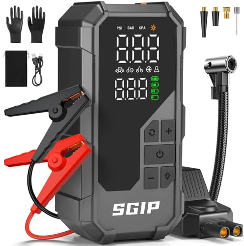 SGIP Starthilfe Powerbank für PKW 7000A mit150PSI Kompressor 26800mAh | Jump Starter, 9L Benzin/8L Diesel, LCD, LED 3 Modi, intelligente Klemmen, 7 Sicherheitsfunktionen, inkl. Handschuhe
