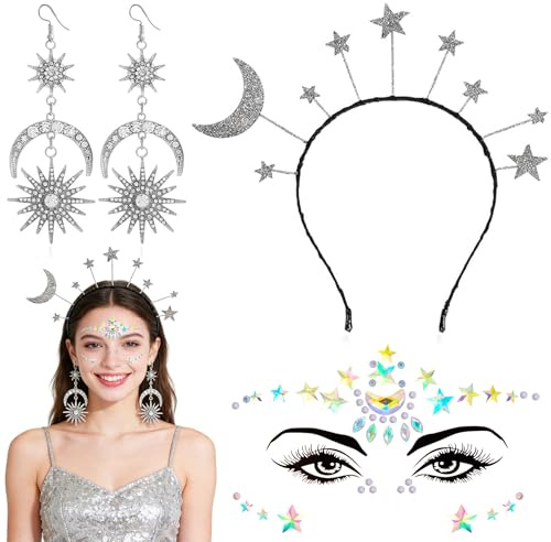 Stern Mond Stirnband,Haarreif Sterne,Gesichtstattoo Sterne,Sonne Mond Star Haarreif,Haarband Stern Und mond mit 2 Pcs Ohrringe Hängend,Für Halloween Cosplay Maskerade Geburtstag Kostümparty