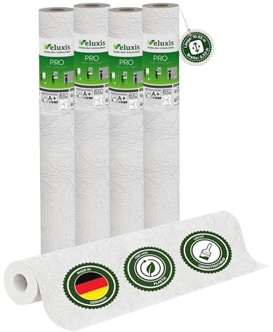 Veluxis Vliestapete PRO 4er-Set Feine Faserstruktur – 10,05 m × 0,53 m | Renoviervlies Feine Faserstruktur, rissüberbrückend, blickdicht, überstreichbar, Made in Germany I Veluxis ®