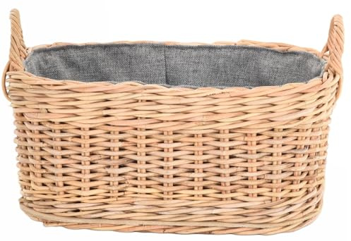 Holzkorb für Kaminholz Rattan geflochten mit Griffen und Stoff Tragekorb Holz (Hell Natur, 55x42cm)