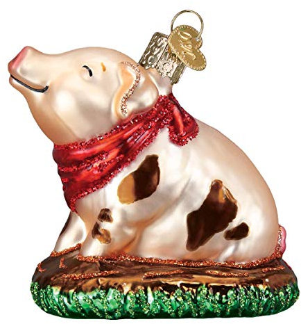 Old World Christmas Dekofigur Schwein in der Pfütze, Rosa - Weihnachtsbaumschmuck, Glas, Schwein, Weihnachten