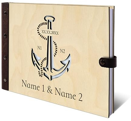 Personalisiertes Hochzeit Gästebuch echtes Holz DIN A4 Hochzeitsbuch mit Lasergravur - Anker - mit 72 Blatt / 144 Seiten Naturpapier Weiß