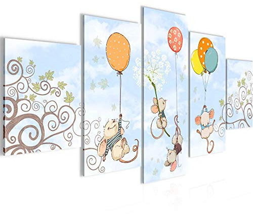 Runa Art Wandbilder Kinderzimmer Maus 5 Teilig Bild auf Vlies Leinwand Deko Babyzimmer Spielzimmer Baby Blau Bunt 008052a