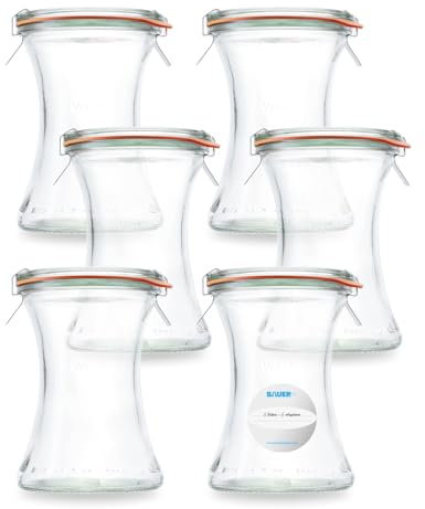 Flaschenbauer - Rundrand-Glas 370 ml Delikatessen-Glas verwendbar als Marmeladenglas, Vorratsglas, Konservenglas 6 Stück Inklusive Etikett - Made in Germany